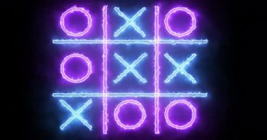 Siyah arkaplanda 4K mavi ve pembe Tic Tac Toe oyun simgesi. Siyah arkaplanda parlayan neon hattı Tic Tac Toe X-O oyun simgesi. Teknoloji video animasyonu. Herhangi bir videoda kullanması kolay.
