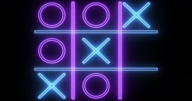Siyah arkaplanda 4K mavi ve pembe Tic Tac Toe oyun simgesi. Siyah arkaplanda parlayan neon hattı Tic Tac Toe X-O oyun simgesi. Teknoloji video animasyonu. Herhangi bir videoda kullanması kolay.
