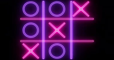 Siyah arka planda 4K mor ve pembe Tic Tac Toe oyun ikonu. Siyah arkaplanda parlayan neon hattı Tic Tac Toe X-O oyun simgesi. Teknoloji video animasyonu. Herhangi bir videoda kullanması kolay.
