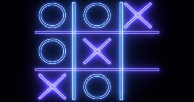Siyah arkaplanda 4K mavi ve mor Tic Tac Toe oyun simgesi. Siyah arkaplanda parlayan neon hattı Tic Tac Toe X-O oyun simgesi. Teknoloji video animasyonu. Herhangi bir videoda kullanması kolay.