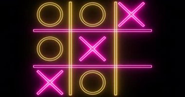 Siyah arka planda 4K pembe ve sarı Tic Tac Toe oyun ikonu. Siyah arkaplanda parlayan neon hattı Tic Tac Toe X-O oyun simgesi. Teknoloji video animasyonu. Herhangi bir videoda kullanması kolay.