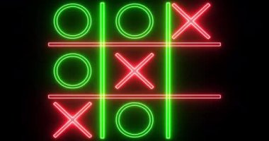 Siyah arkaplanda 4K renkli Tic Tac Toe oyun simgesi. Siyah arkaplanda parlayan neon hattı Tic Tac Toe X-O oyun simgesi. Teknoloji video animasyonu. Herhangi bir videoda kullanması kolay.