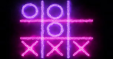 Siyah arka planda 4K mor ve pembe Tic Tac Toe oyun ikonu. Siyah arkaplanda parlayan neon hattı Tic Tac Toe X-O oyun simgesi. Teknoloji video animasyonu. Herhangi bir videoda kullanması kolay.