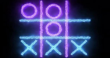 Siyah arkaplanda 4K mavi ve pembe Tic Tac Toe oyun simgesi. Siyah arkaplanda parlayan neon hattı Tic Tac Toe X-O oyun simgesi. Teknoloji video animasyonu. Herhangi bir videoda kullanması kolay.