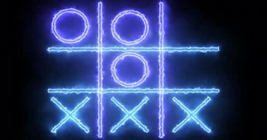 Siyah arkaplanda 4K mavi ve mor Tic Tac Toe oyun simgesi. Siyah arkaplanda parlayan neon hattı Tic Tac Toe X-O oyun simgesi. Teknoloji video animasyonu. Herhangi bir videoda kullanması kolay.