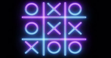 Siyah arkaplanda 4K mavi ve mor Tic Tac Toe oyun simgesi. Siyah arkaplanda parlayan neon hattı Tic Tac Toe X-O oyun simgesi. Teknoloji video animasyonu. Herhangi bir videoda kullanması kolay.