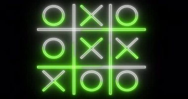 Siyah arkaplanda 4K renkli Tic Tac Toe oyun simgesi. Siyah arkaplanda parlayan neon hattı Tic Tac Toe X-O oyun simgesi. Teknoloji video animasyonu. Herhangi bir videoda kullanması kolay.