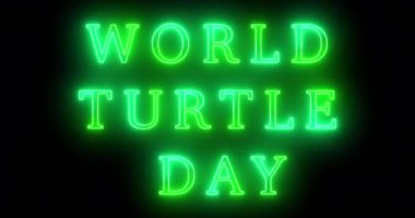 4K Dünya Kaplumbağa Günü havalı neon renkli animasyon metni. Neon renkli Dünya Kaplumbağa Günü metni, afiş için parlayan bir neon, sosyal medya duvar kağıdı hikayeleri. Teknoloji video materyali animasyonu.