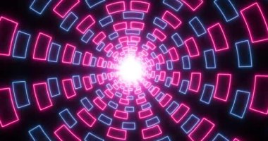 4K neon pembe ve mavi renkli animasyon tüneli hareket hızıyla ilerliyor. 4K 'deki parlak neon pembe ve mavi ışık tüneli. Teknoloji video animasyonu. Herhangi bir videoda kullanması kolay. 