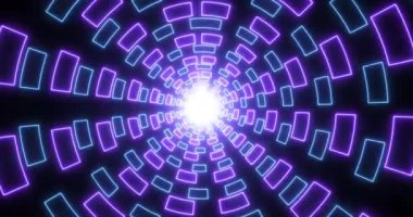 4K neon, mor ve mavi renkli animasyon tüneli hareket hızıyla ilerliyor. 4K 'de parlak mavi ve mor ışık tüneli. Teknoloji video animasyonu. Herhangi bir videoda kullanması kolay. 