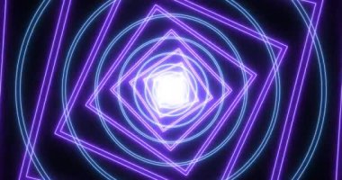 4K neon, mor ve mavi renkli animasyon tüneli hareket hızıyla ilerliyor. 4K 'de parlak mavi ve mor ışık tüneli. Teknoloji video animasyonu. Herhangi bir videoda kullanması kolay. 
