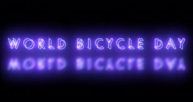 4K Dünya Bisiklet Günü metin serin neon renkli animasyon. Neon renkli Dünya Bisiklet Günü metni, afiş için parlayan bir neon, sosyal medya duvar kağıdı hikayeleri. Teknoloji video materyali.