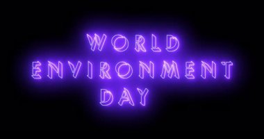 4K Dünya Çevre Günü metin serin renkli animasyon. Neon renkli Dünya Çevre Günü metni, afiş için parlayan bir neon, sosyal medya duvar kağıdı hikayeleri. Teknoloji video materyali.