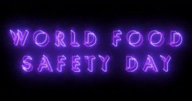 4K Dünya Gıda Güvenliği Günü havalı neon renkli animasyon metni. Neon renkli Dünya Gıda Güvenliği Günü metni. Duvar kağıdı hikayeleri için parlayan bir neon ışığı. Teknoloji video materyali.