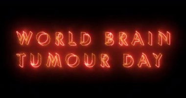 4K Birinci Dünya Beyin Tümörü Günü havalı neon renkli animasyon metni. Neon renkli Dünya Beyin Tümörü Günü metni, afiş için parlayan bir neon, sosyal medya destek duvar kağıdı. Teknoloji video materyali.
