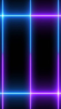 Dikey serin neon çizgisinde siyah arka planda parlak ışıklar var. Parlak yanıp sönen neon çizgiler. Siyah arkaplanda elektrik flaşlarının etkisi. Teknoloji video materyali animasyonu.