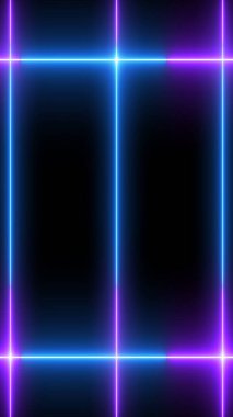 Dikey serin neon çizgisinde siyah arka planda parlak ışıklar var. Parlak yanıp sönen neon çizgiler. Siyah arkaplanda elektrik flaşlarının etkisi. Teknoloji video materyali animasyonu.