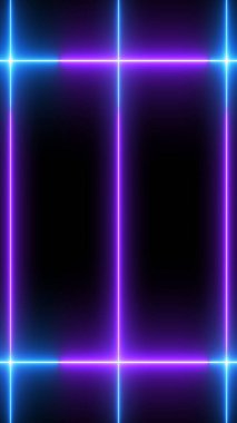 Dikey serin neon çizgisinde siyah arka planda parlak ışıklar var. Parlak yanıp sönen neon çizgiler. Siyah arkaplanda elektrik flaşlarının etkisi. Teknoloji video materyali animasyonu.
