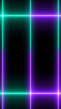Dikey serin neon çizgisinde siyah arka planda parlak ışıklar var. Parlak yanıp sönen neon çizgiler. Siyah arkaplanda elektrik flaşlarının etkisi. Teknoloji video materyali animasyonu.