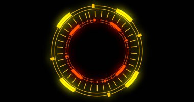 Hud dairesel gelişiminin teknolojik animasyonu. Bilgisayar teknolojisi geçmişi. Siberalem için gelecekteki hud, yüksek teknoloji FUI tasarımı, başlık, TV haberleri ve haber kanalları.