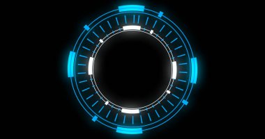 Hud dairesel gelişiminin teknolojik animasyonu. Bilgisayar teknolojisi geçmişi. Siberalem için gelecekteki hud, yüksek teknoloji FUI tasarımı, başlık, TV haberleri ve haber kanalları.