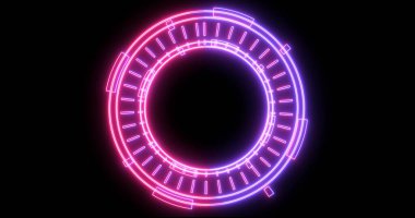 Neon hud dairesel gelişimin teknolojik animasyonu. Bilgisayar teknolojisi geçmişi. Siberalem için fütürist neon hud, yüksek teknoloji FUI tasarımı, başlık, TV haberleri ve haber kanalları.