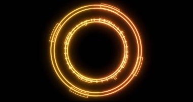 Neon hud dairesel gelişimin teknolojik animasyonu. Bilgisayar teknolojisi geçmişi. Siberalem için fütürist neon hud, yüksek teknoloji FUI tasarımı, başlık, TV haberleri ve haber kanalları.