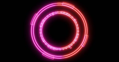 Neon hud dairesel gelişimin teknolojik animasyonu. Bilgisayar teknolojisi geçmişi. Siberalem için fütürist neon hud, yüksek teknoloji FUI tasarımı, başlık, TV haberleri ve haber kanalları.