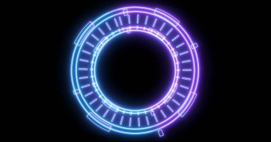 Neon hud dairesel gelişimin teknolojik animasyonu. Bilgisayar teknolojisi geçmişi. Siberalem için fütürist neon hud, yüksek teknoloji FUI tasarımı, başlık, TV haberleri ve haber kanalları.