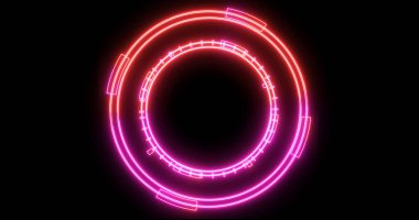 Neon hud dairesel gelişimin teknolojik animasyonu. Bilgisayar teknolojisi geçmişi. Siberalem için fütürist neon hud, yüksek teknoloji FUI tasarımı, başlık, TV haberleri ve haber kanalları.