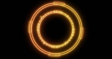 Neon hud dairesel gelişimin teknolojik animasyonu. Bilgisayar teknolojisi geçmişi. Siberalem için fütürist neon hud, yüksek teknoloji FUI tasarımı, başlık, TV haberleri ve haber kanalları.