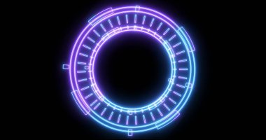 Neon hud dairesel gelişimin teknolojik animasyonu. Bilgisayar teknolojisi geçmişi. Siberalem için fütürist neon hud, yüksek teknoloji FUI tasarımı, başlık, TV haberleri ve haber kanalları.