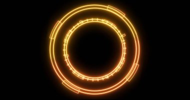 Neon hud dairesel gelişimin teknolojik animasyonu. Bilgisayar teknolojisi geçmişi. Siberalem için fütürist neon hud, yüksek teknoloji FUI tasarımı, başlık, TV haberleri ve haber kanalları.