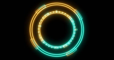 Neon hud dairesel gelişimin teknolojik animasyonu. Bilgisayar teknolojisi geçmişi. Siberalem için fütürist neon hud, yüksek teknoloji FUI tasarımı, başlık, TV haberleri ve haber kanalları.