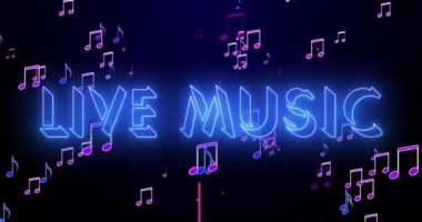 4K 'deki müzik sembollü canlı müzik metni. 4K 'da renkli bir arkaplan üzerinde parıldayan bir taslak ve semboller olan neon renkli metin. Teknoloji video animasyonu. Kullanımı kolay.