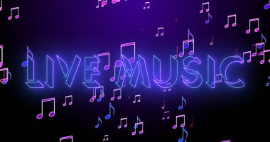 Yüksek çözünürlüklü müzik sembollü canlı müzik metni. Renkli bir arkaplan üzerinde parlak bir taslak ve semboller olan neon renkli metin. Teknoloji video animasyonu. Kullanımı kolay.