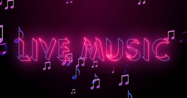 Yüksek çözünürlüklü müzik sembollü canlı müzik metni. Renkli bir arkaplan üzerinde parlak bir taslak ve semboller olan neon renkli metin. Teknoloji video animasyonu. Kullanımı kolay.