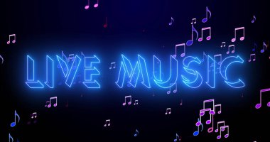 Yüksek çözünürlüklü müzik sembollü canlı müzik metni. Renkli bir arkaplan üzerinde parlak bir taslak ve semboller olan neon renkli metin. Teknoloji video animasyonu. Kullanımı kolay.