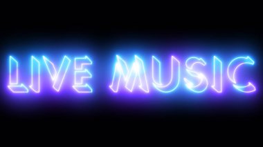 Canlı müzik metin animasyonu. Herhangi bir videoya koymak kolay. Koyu arkaplan üzerinde parıldayan hareketli bir ana hatlı neon renkli metin. Teknoloji video materyali animasyonu.