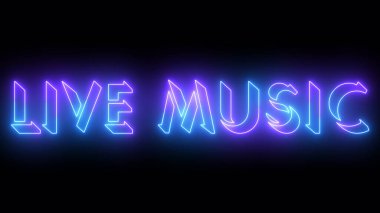 Canlı müzik metin animasyonu. Herhangi bir videoya koymak kolay. Koyu arkaplan üzerinde parıldayan hareketli bir ana hatlı neon renkli metin. Teknoloji video materyali animasyonu.