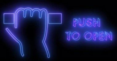4K Push, alfa kanalında açık işaret ve metin animasyonuna geç. Neon renkli metin ve imza ile çevrimiçi dükkan, blog, internet, kafe ve otel için neon taşıma taslağı. Teknoloji video materyali animasyonu.