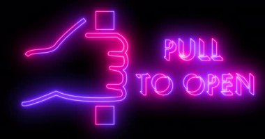 4K Bir alfa kanalında açık işaret ve metin animasyonuna çek. Neon renkli metin ve imza ile çevrimiçi dükkan, blog, internet, kafe ve otel için neon taşıma taslağı. Teknoloji video materyali animasyonu.