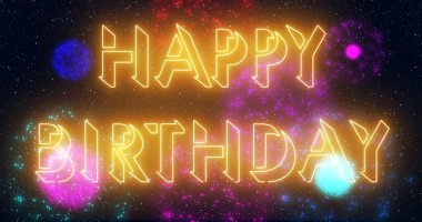 Doğum günün kutlu olsun. Havai fişek gösterisi illüstrasyonun kutlu olsun. Mutlu yıllar mesaj geçmişi. Afiş, sosyal medya ve tebrik kartı için neon renkli Mutlu Yıllar metni. Teknoloji video materyali animasyonu.