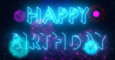 Doğum günün kutlu olsun. Havai fişek gösterisi illüstrasyonun kutlu olsun. Mutlu yıllar mesaj geçmişi. Afiş, sosyal medya ve tebrik kartı için neon renkli Mutlu Yıllar metni. Teknoloji video materyali animasyonu.