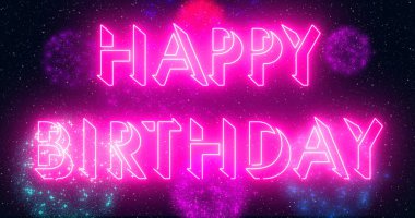 Doğum günün kutlu olsun. Havai fişek gösterisi illüstrasyonun kutlu olsun. Mutlu yıllar mesaj geçmişi. Afiş, sosyal medya ve tebrik kartı için neon renkli Mutlu Yıllar metni. Teknoloji video materyali animasyonu.