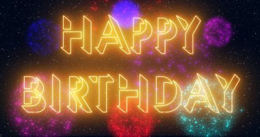 Doğum günün kutlu olsun. Havai fişek gösterisi illüstrasyonun kutlu olsun. Mutlu yıllar mesaj geçmişi. Afiş, sosyal medya ve tebrik kartı için neon renkli Mutlu Yıllar metni. Teknoloji video materyali animasyonu.