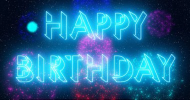 Doğum günün kutlu olsun. Havai fişek gösterisi illüstrasyonun kutlu olsun. Mutlu yıllar mesaj geçmişi. Afiş, sosyal medya ve tebrik kartı için neon renkli Mutlu Yıllar metni. Teknoloji video materyali animasyonu.