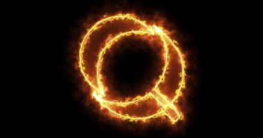 Siyah arka planda Q alfabesini 4K ateşle. İnternet mağazası, blog, web, kafe ve otel için siyah arkaplan üzerine Q alfabesi. Teknoloji video animasyonu. Kullanımı kolay.