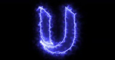 Siyah zemin üzerinde neon çizgileri olan 4K U alfabesi. Bir online dükkan, blog, web, kafe ve otel için kara arkaplan alfabesi. Teknoloji video animasyonu. Herhangi bir videoda kullanması kolay.