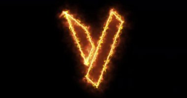 Siyah arka planda V alfabesini 4K ateşle. İnternet, blog, web, kafe ve otel için siyah arkaplan üzerine V alfabesi. Teknoloji video animasyonu. Kullanımı kolay.